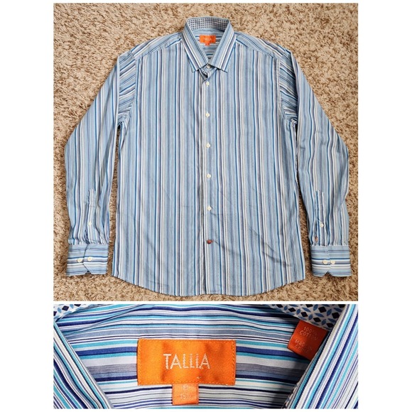 Tallia Blue Purple Striped Men Sz M 15.5 Long Sleeve‎ Button Up Dress Shirt - Picture 1 of 10